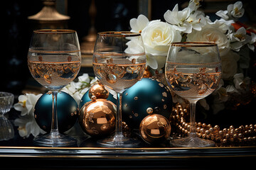 Happy New Year and Christmas holiday concept. beautiful  balls decorations with champagne glasses...