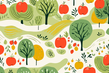 Apple orchard illustrations quirky doodle pattern, wallpaper, background, cartoon, vector, whimsical Illustration - obrazy, fototapety, plakaty