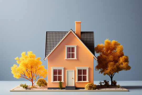 simple living, small town vibes,  peaceful lifestyle, home buying trend. Building mini reality concept. Small yellow house with trees, blue sky and clouds. Copy space , real estate and investing.