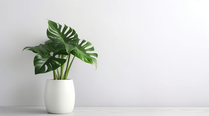 Green Monstera plant in vase isolated on white background
