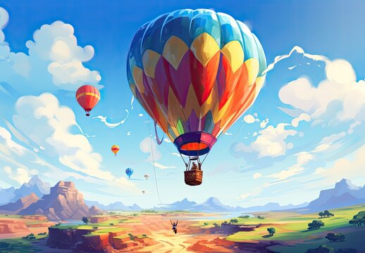 A painting of a hot air balloon over mountain landscape. The concept of motivation and inspiration for an active summer holiday. Art design. Illustration for poster, cover, brochure, card, advertising