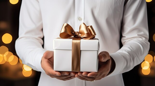 Closeup of someone holding a gift box tied with a bow. Gift concept for birthday, New Year, Valentine's Day, Mother's Day, Father's Day and other events. Illustration for cover, card, postcard, etc.