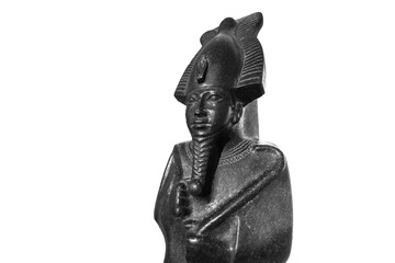 Osiris statue from the Kushite period isolated on transparent background. 25th Egyptian dynasty. Black and white image. 