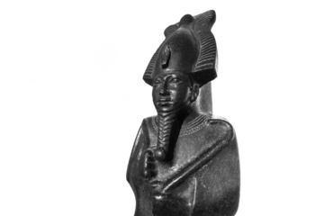 Osiris statue from the Kushite period isolated on transparent background. 25th Egyptian dynasty. Black and white image. 