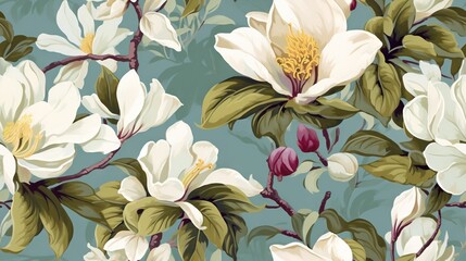  a floral wallpaper with white flowers and green leaves on a blue background.  generative ai