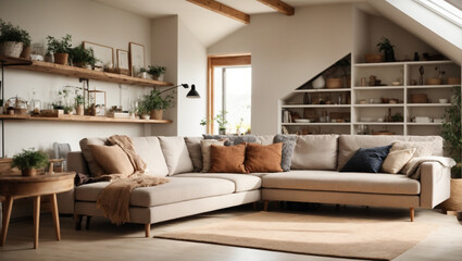 Fototapeta na wymiar Beige loft corner sofa with shelves in Scandinavian Attic, Minimal style home interior design of modern living room. ai generative