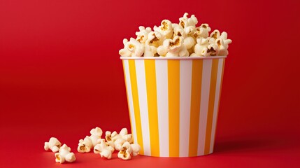 Striped red white box color with popcorn on red background. AI generated image