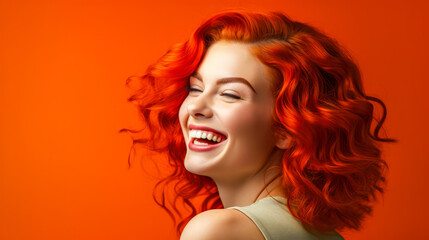 Fototapeta premium Portrait of beautiful young woman with red curly hair on orange background 