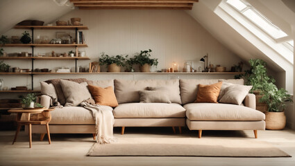 Beige loft corner sofa with shelves in Scandinavian Attic, Minimal style home interior design of...
