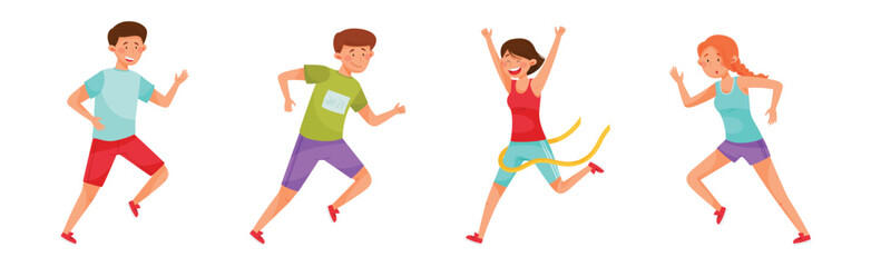 People Character Running Marathon Race Engaged in Sport Competition Vector Set