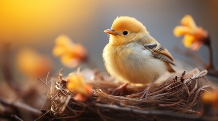 Fototapeta premium a small yellow bird sitting on top of a pile of grass. generative ai