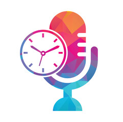 Podcast time vector logo design template. Mic clock vector logo design icon.