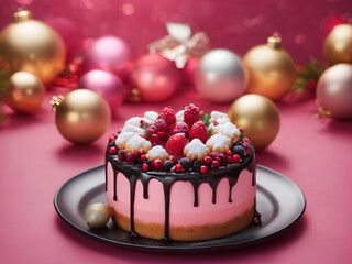 a strawberry cake with a chocolate cover on top, a black plate on a pink background, and a floor with Christmas balls.Generated by AI