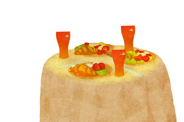 Obraz premium Ilustracja śniadanie talerze z owocami na stole obrus w kratkę białe tło