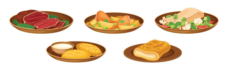 Brazilian Cuisine Dishes and Food Served on Plate Vector Set