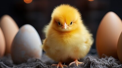  a small yellow chicken standing in front of some brown eggs.  generative ai
