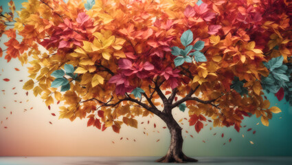 Obraz na płótnie Canvas Colorful tree with leaves on hanging branches illustration background. 3d abstract wallpaper . Floral tree with multicolor leaves
