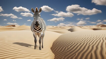 Fototapeta premium a zebra standing in the middle of a desert with clouds in the background. generative ai