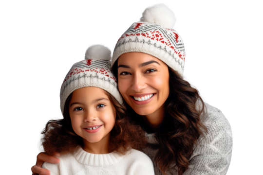 Latin American mother and daughter portrait wearing winter Christmas beanies posing over isolated transparent background - Powered by Adobe