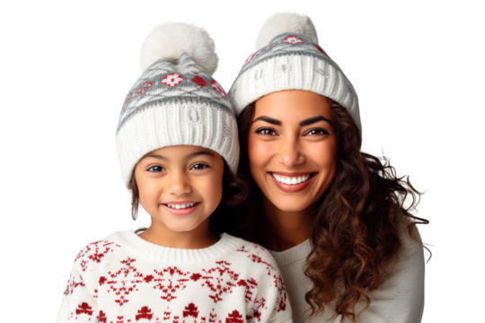 Adorable portrait of mom and daughter of Latin American ethnicity wearing identical Christmas beanies. Isolated transparent background