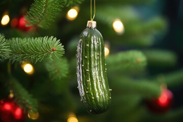 Close up of a pickle shaped sphere hanging from a Christmas tree - obrazy, fototapety, plakaty