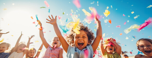 Party scene of little children having fun and playing with colorful confetti outside - obrazy, fototapety, plakaty