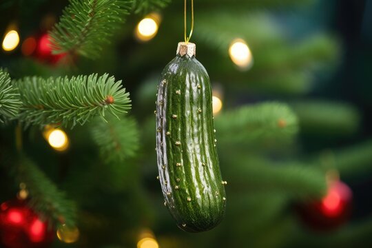 Close up of a pickle shaped sphere hanging from a Christmas tree