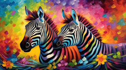  a painting of two zebras standing next to each other.  generative ai