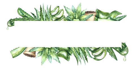 Frame with aloe. Cosmetic and healing aloe vera gel. Watercolor hand drawn illustration. For labels and packaging of cosmetology, perfumery and medicine. For stickers, prints, flyers and posters.