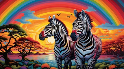 Fototapeta na wymiar a painting of two zebras standing in front of a rainbow. generative ai