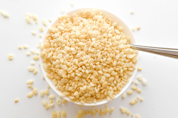 Crispy rice cereal in a white bowl. Healthy breakfast for good health energy. 