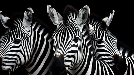  a close up of three zebras with a black background.  generative ai