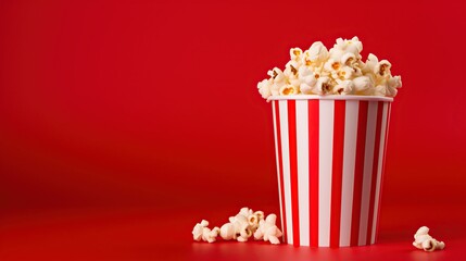 Striped red white box color with popcorn on red background. AI generated image