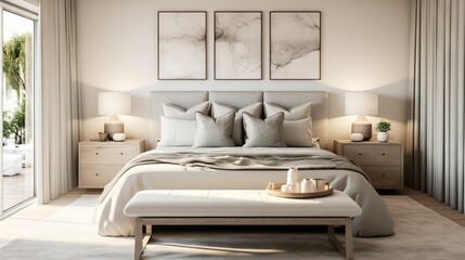 a bedroom with a large bed and two paintings on the wall.  generative ai