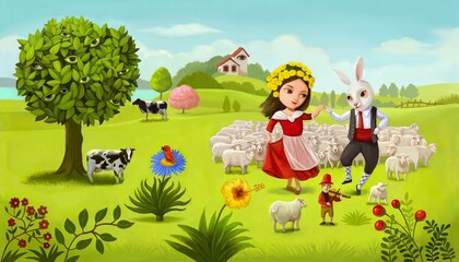 Obraz na płótnie Canvas girl with rabbit, birds, fruits, swan, duck, flower, cat, cow, snail, snowman 