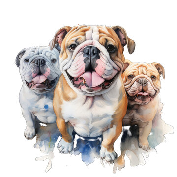 Three Cute Bulldog Dog Watercolor Png Graphic