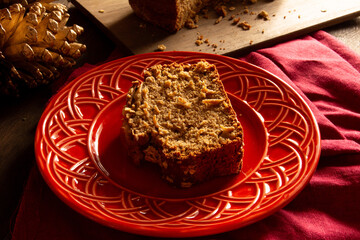 Delicious Apple Oat Bread in red plate in top view