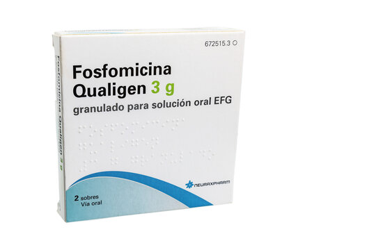 Huelva, Spain - October, 17, 2023: Spanish box of generic Fosfomycin, an antibiotic primarily used to treat lower urinary tract infections and  Occasionally used for prostate infections