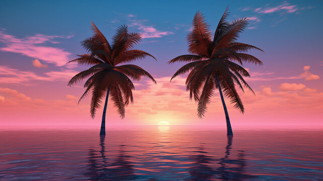 pink tropical palm trees and sea on sunset background. summer concept, vacation or summer vacation concept
