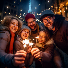 Happy family celebrating with sparkler at night outdoor installation - Group of people in production environment and acting ethnically having fun together outdoor - 663499705