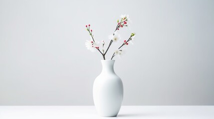 White plant flowers in the white bottle isolated background. AI generated image - obrazy, fototapety, plakaty