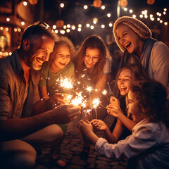 Happy family celebrating with sparkler at night outdoor installation - Group of people in production environment and acting ethnically having fun together outdoor