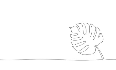 Monstera leaf silhouette, one line continuous. Line art tropical leaf outline. Vector illustration. 