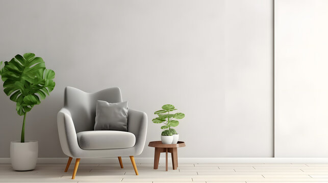 Modern interior of living room with gray armchair on empty white color wall background.