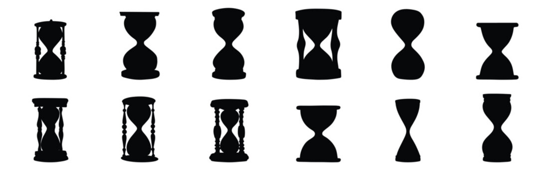 Set of hourglasses silhouette. Hand drawn hourglasses silhouette isolated on white background. Vector illustration.