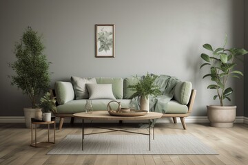 Contemporary setup featuring sofa, table, plants, and floor. Generative AI