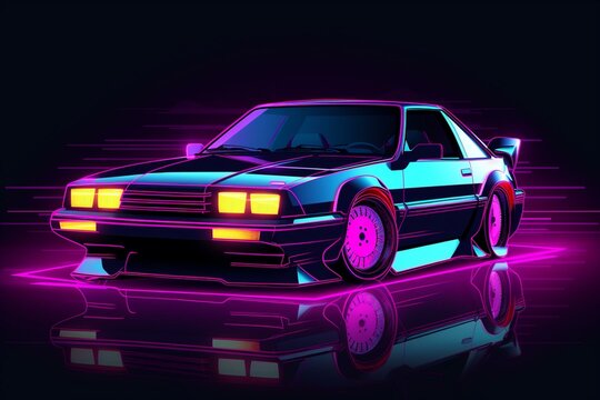 Retro car in neon purple. 80s style, cyberpunk, phonk genre. Generative AI