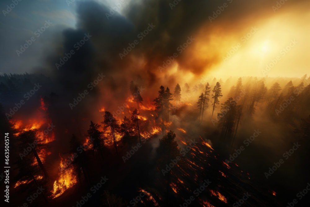 Wall mural very powerful forest fire, burning and deciduous coniferous fore