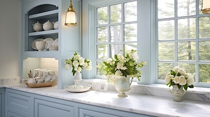  a kitchen with blue cabinets and white flowers in vases.  generative ai