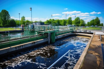 Fototapeta premium A green bridge over a large body of water near a wastewater treatment plant